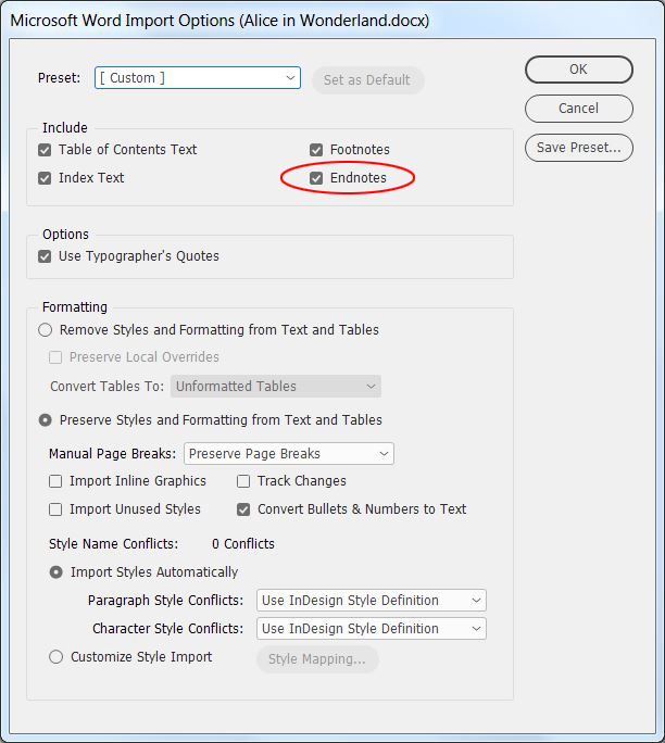 Check InDesign Endnotes in Import Options.