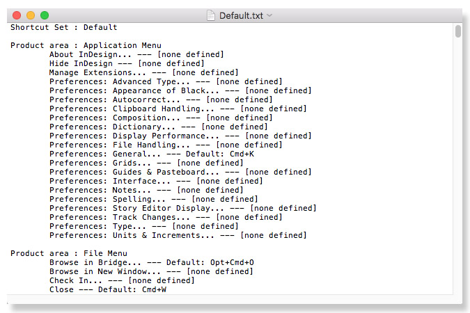 Default.txt showing InDesign keyboard shortcuts