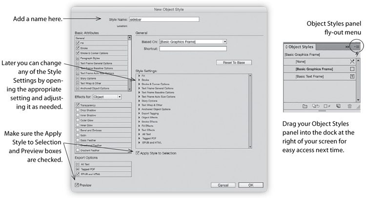 Dialog box for InDesign object styles