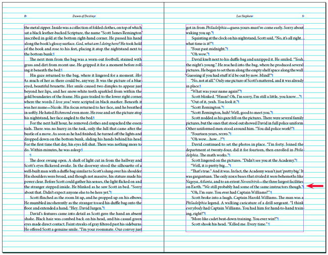 Two-page spread showing the recto page short one line, a no-no in book typesetting..
