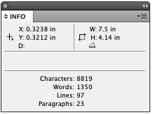 Info panel showing word and character counts in InDesign.