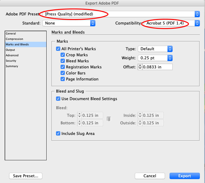 Export to Adobe PDF settings showing all printer's marks.